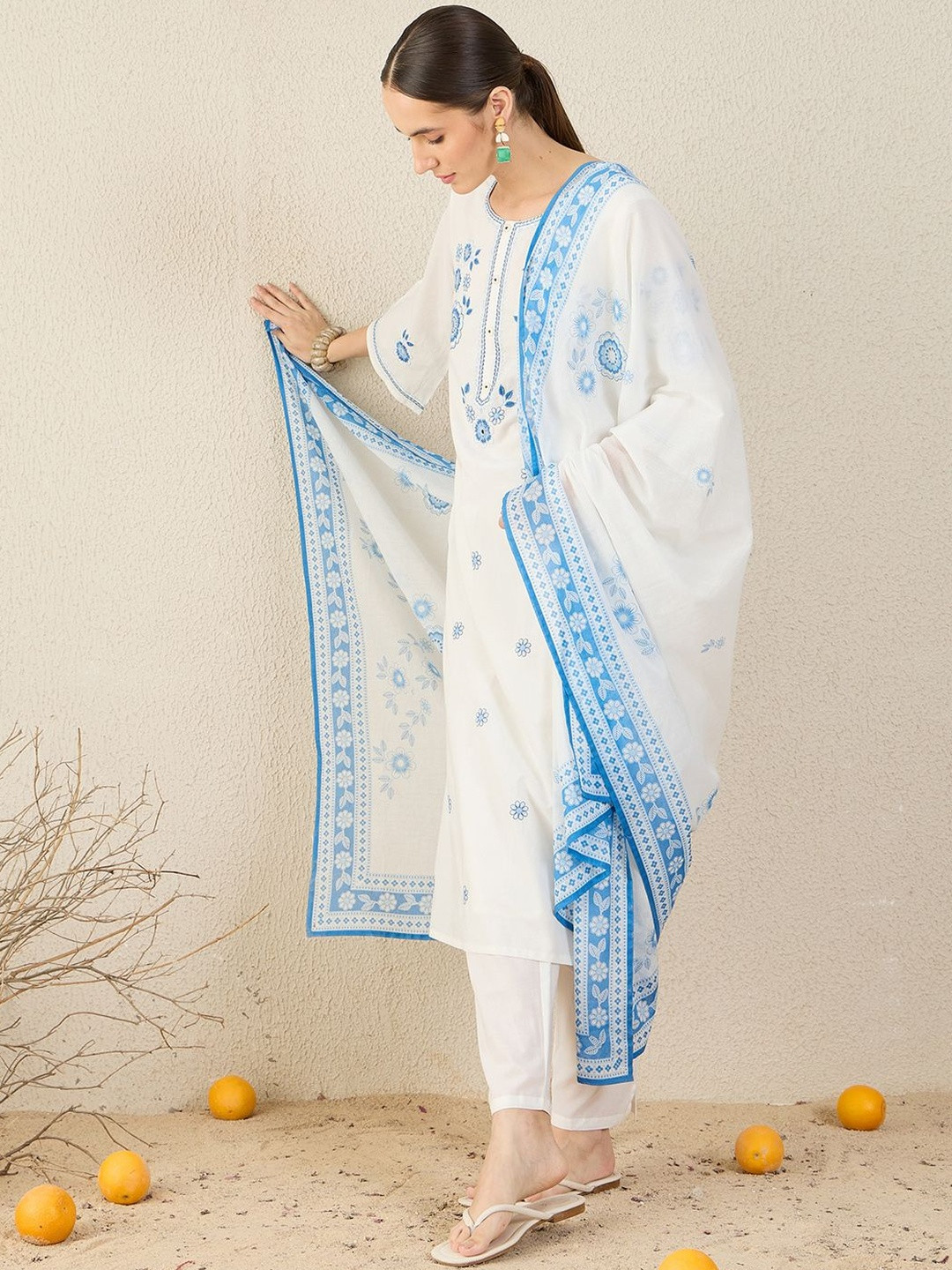 Indo Era Floral Embroidered Thread Work Straight Pure Cotton Kurta & Trouser With Dupatta