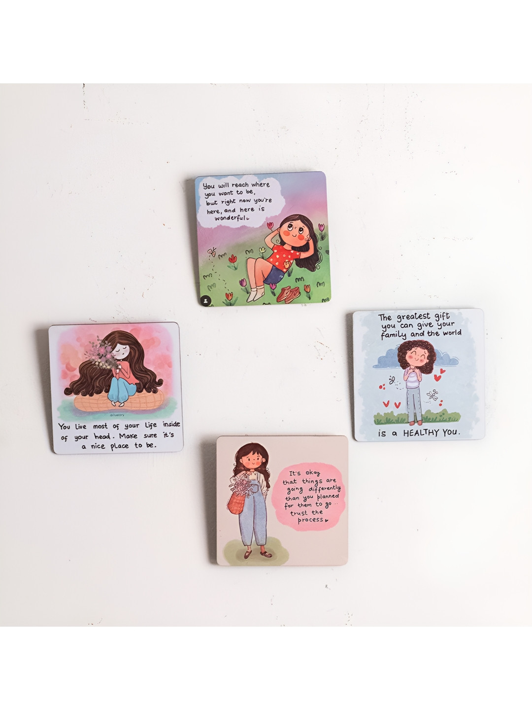 Katha Plates Blue & Pink 4 Pieces Printed Wooden Inspiration Wall Arts