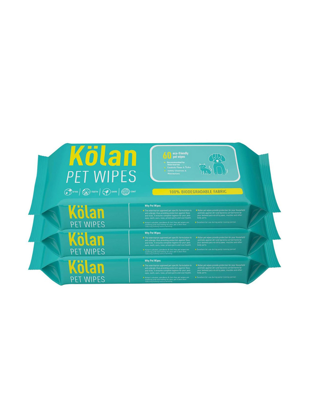Kolan Set of 3 Dry Bathing and Daily Care Wet Wipes For Dogs and Cats (60 Wipes)