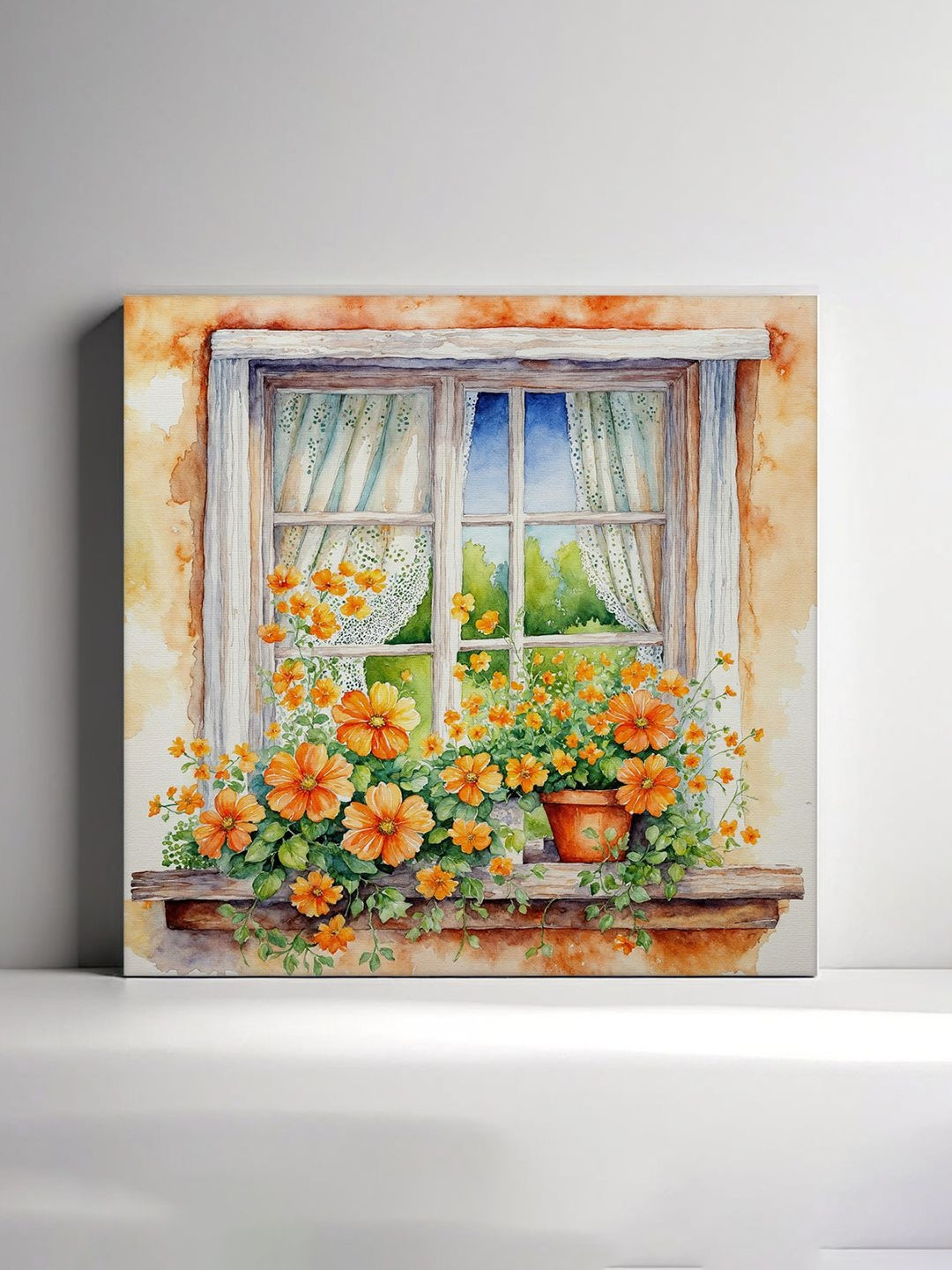 RANDOM White & Orange Window With A Flower Box Canvas Wall Art