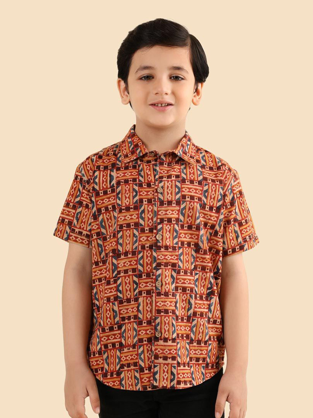 Fabindia Boys Geometric Printed Spread Collar Cotton Casual Shirt