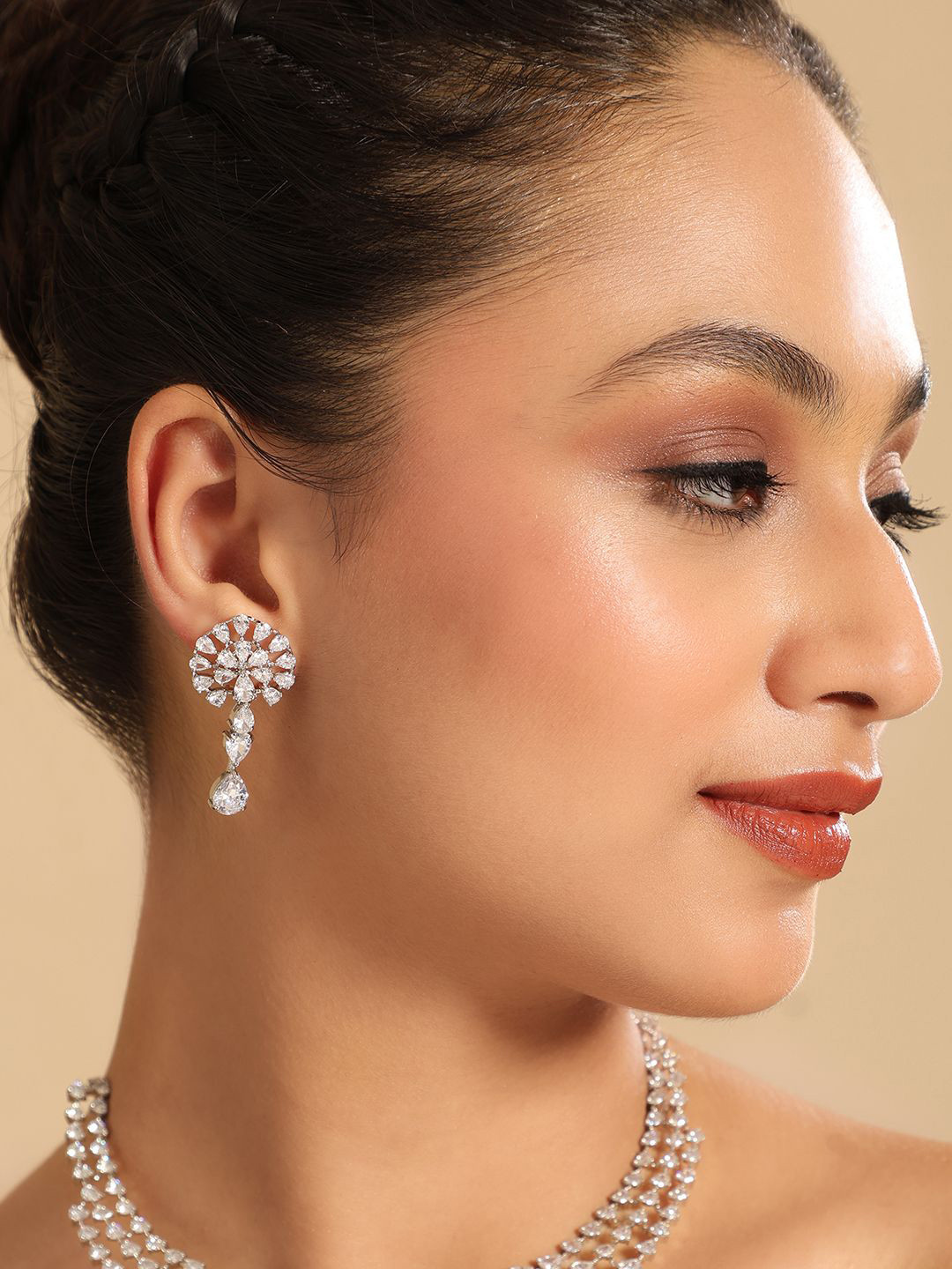 Nuyug  Rhodium-Plated Brass Cubic Zirconia Starline Necklace & Earrings