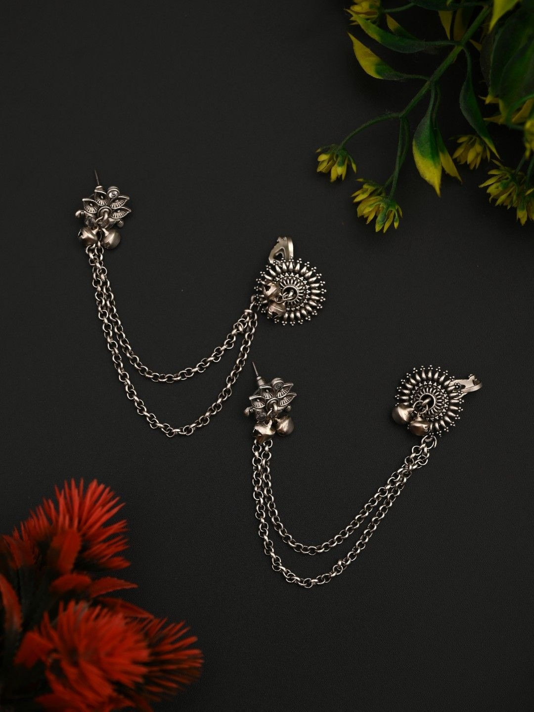 Anvik Silver-Plated Artificial Stones Studded And Beaded  Floral Shape Ear Cuff