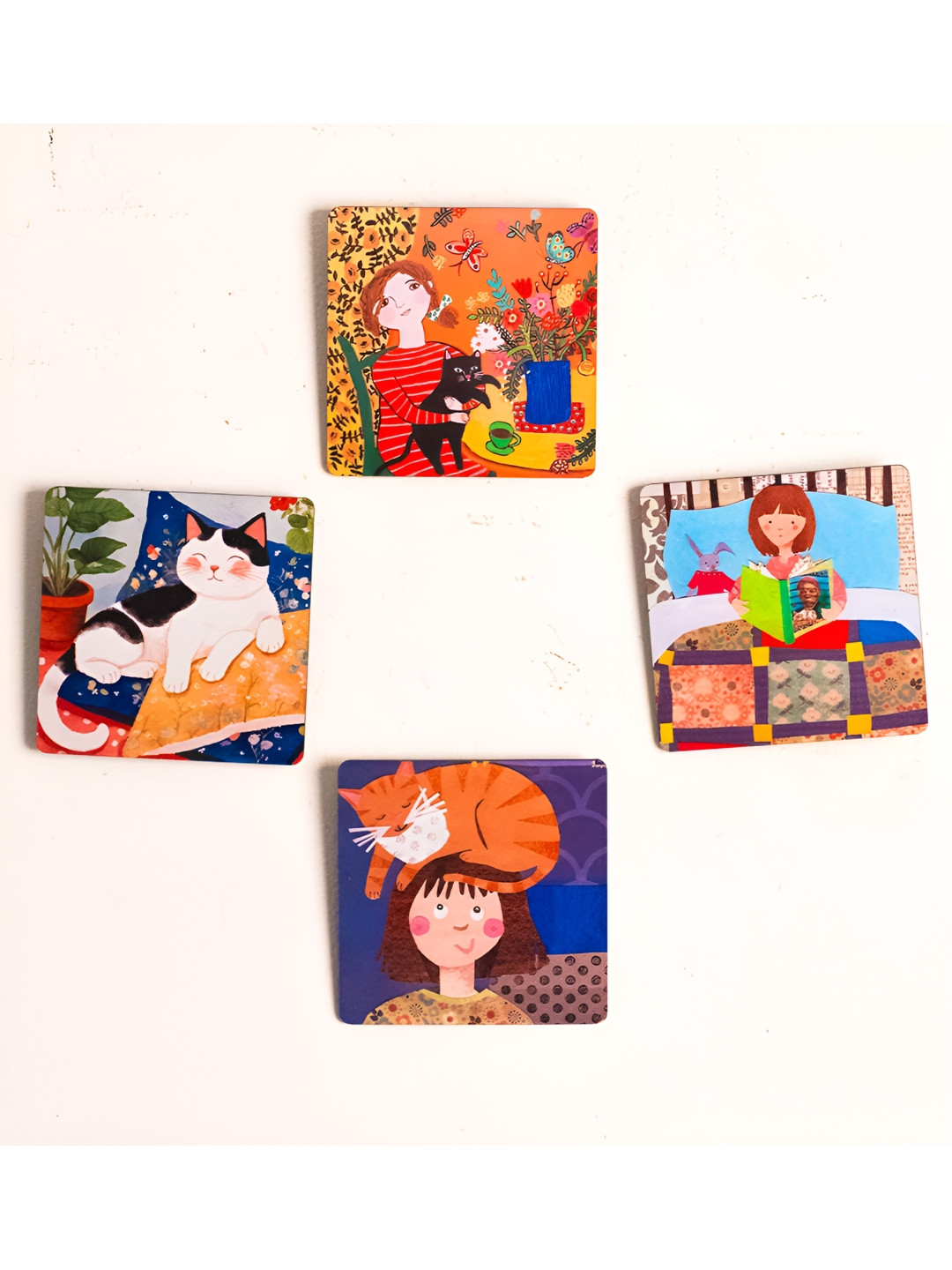 Katha Plates Blue & Red 4 Pieces Printed Wooden Pet Love Wall Arts