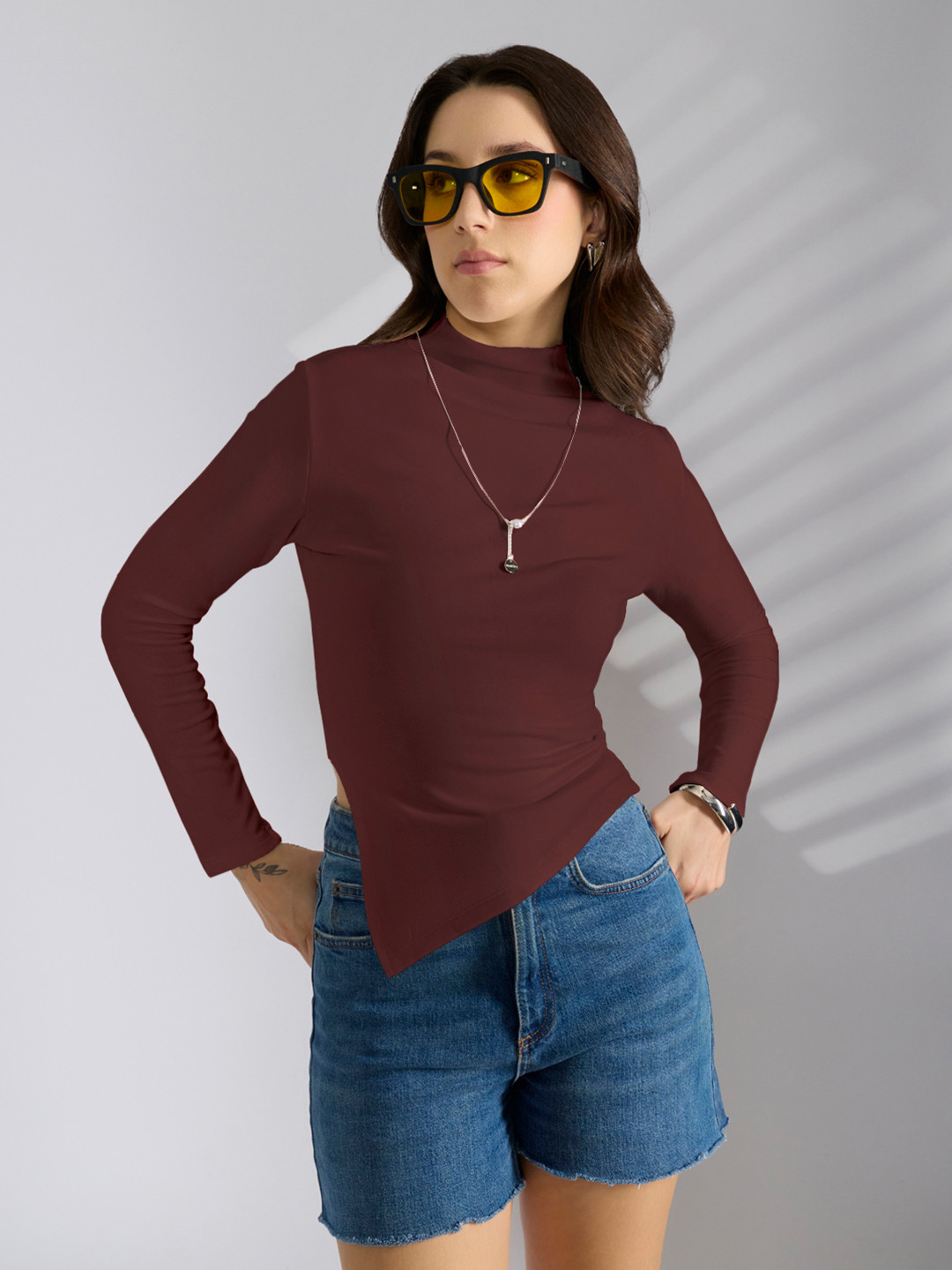 SHOWOFF Women Asymmetric High Neck Top With Neck Chain