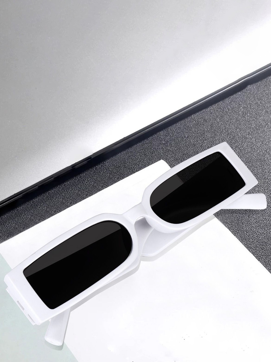 EYMEN I Unisex Black Lens & White Rectangle Sunglasses with Polarised and UV