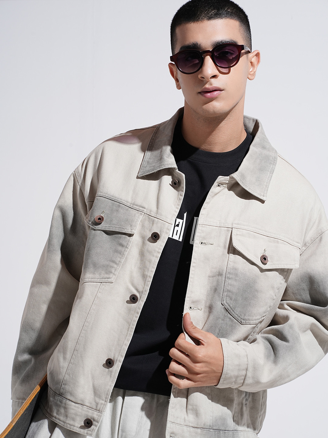 SHOWOFF Men Tie and Dye Grey Denim Jacket