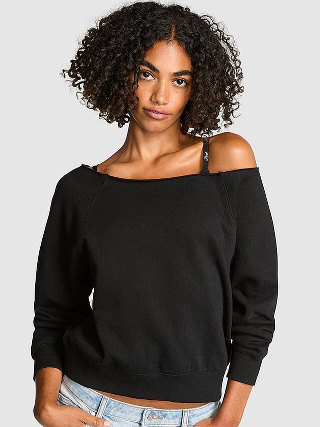 Victoria's Secret Women Solid Off Shoulder Long Sleeve Pullover Sweatshirt