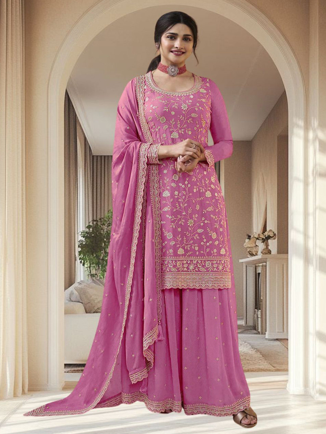 DEALBAZAARS CORPORATION WITH DB LOGO Floral Embroidered Semi-Stitched Dress Material