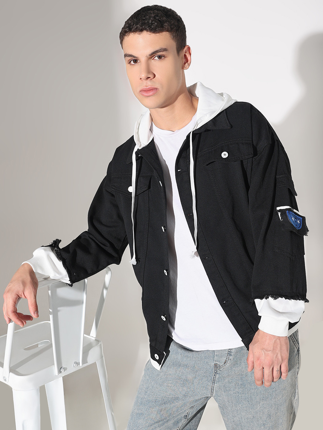 SHOWOFF Men Black Hooded Oversized Denim Jacket