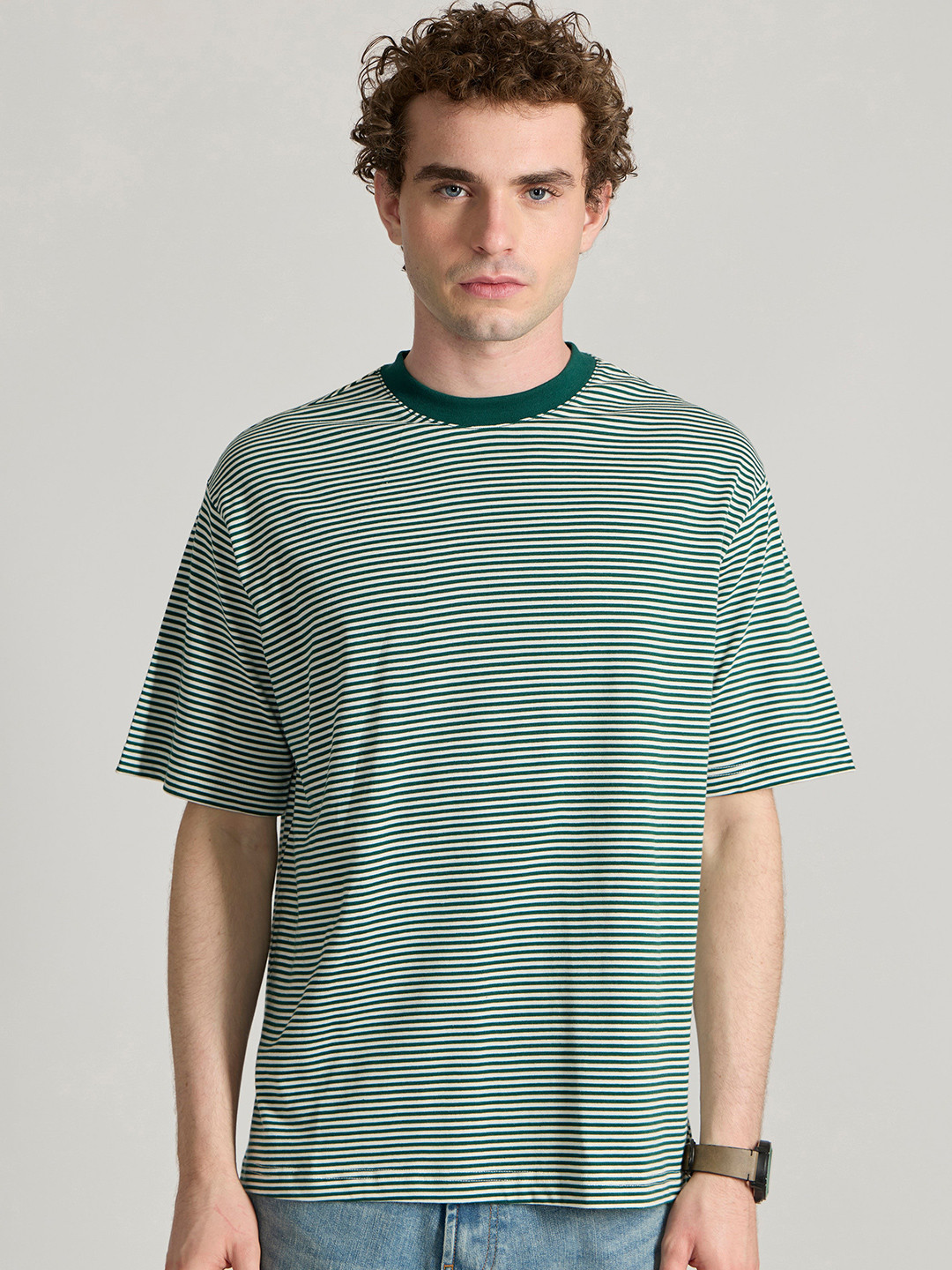 Espanshe Men Striped Round Neck Cotton Oversized T-shirt