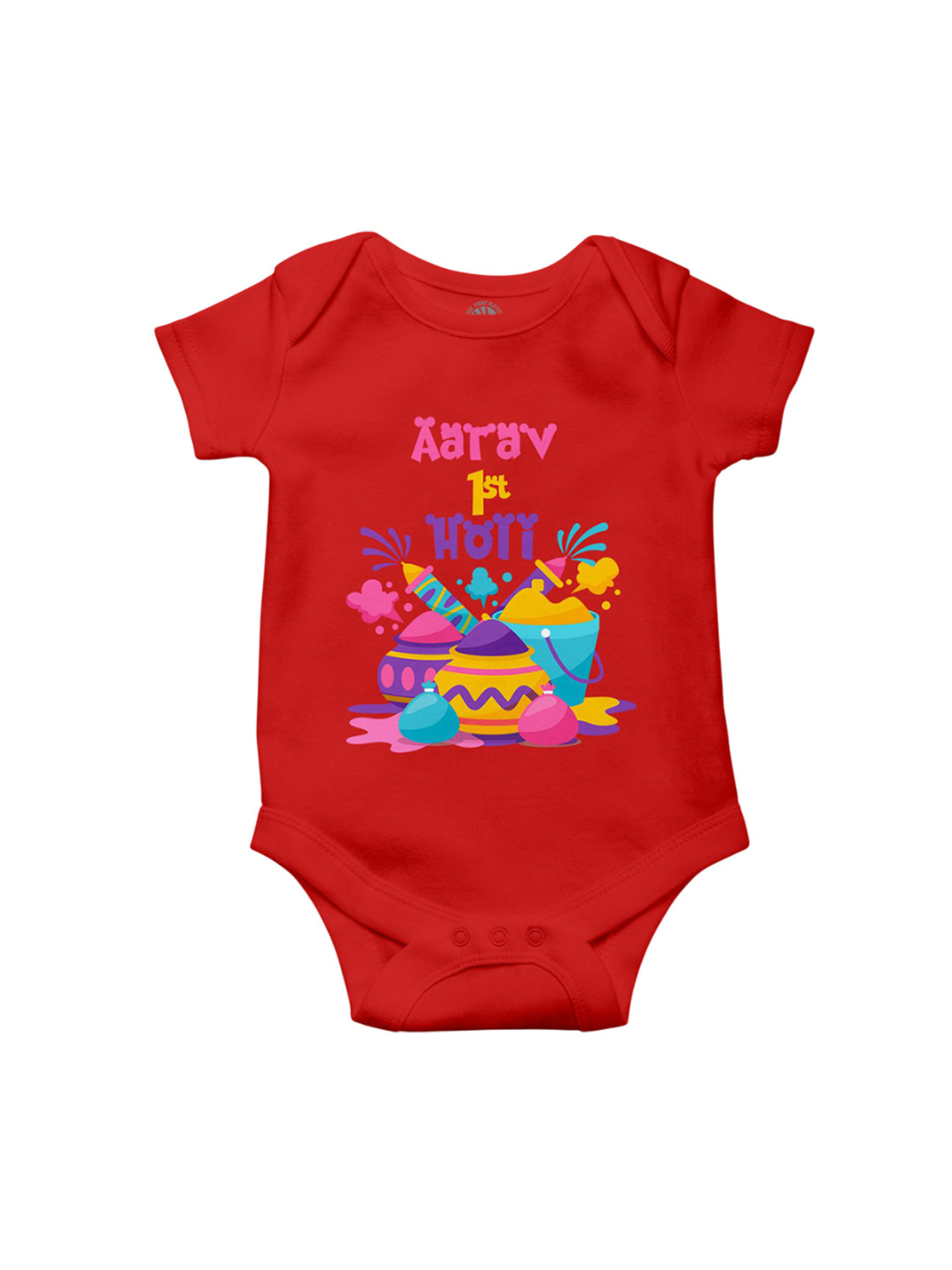 THE PRINT PLATTER Kids First Holi Printed Envelope Neck Romper Ultra Bio Wash Bodysuit