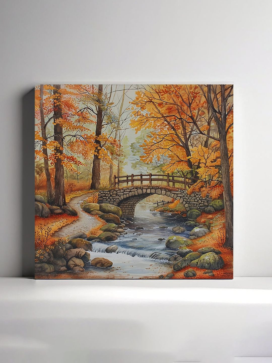 RANDOM Orange Scene With A Rustic Stone Bridge Crossing A Small River Canvas Wall Art
