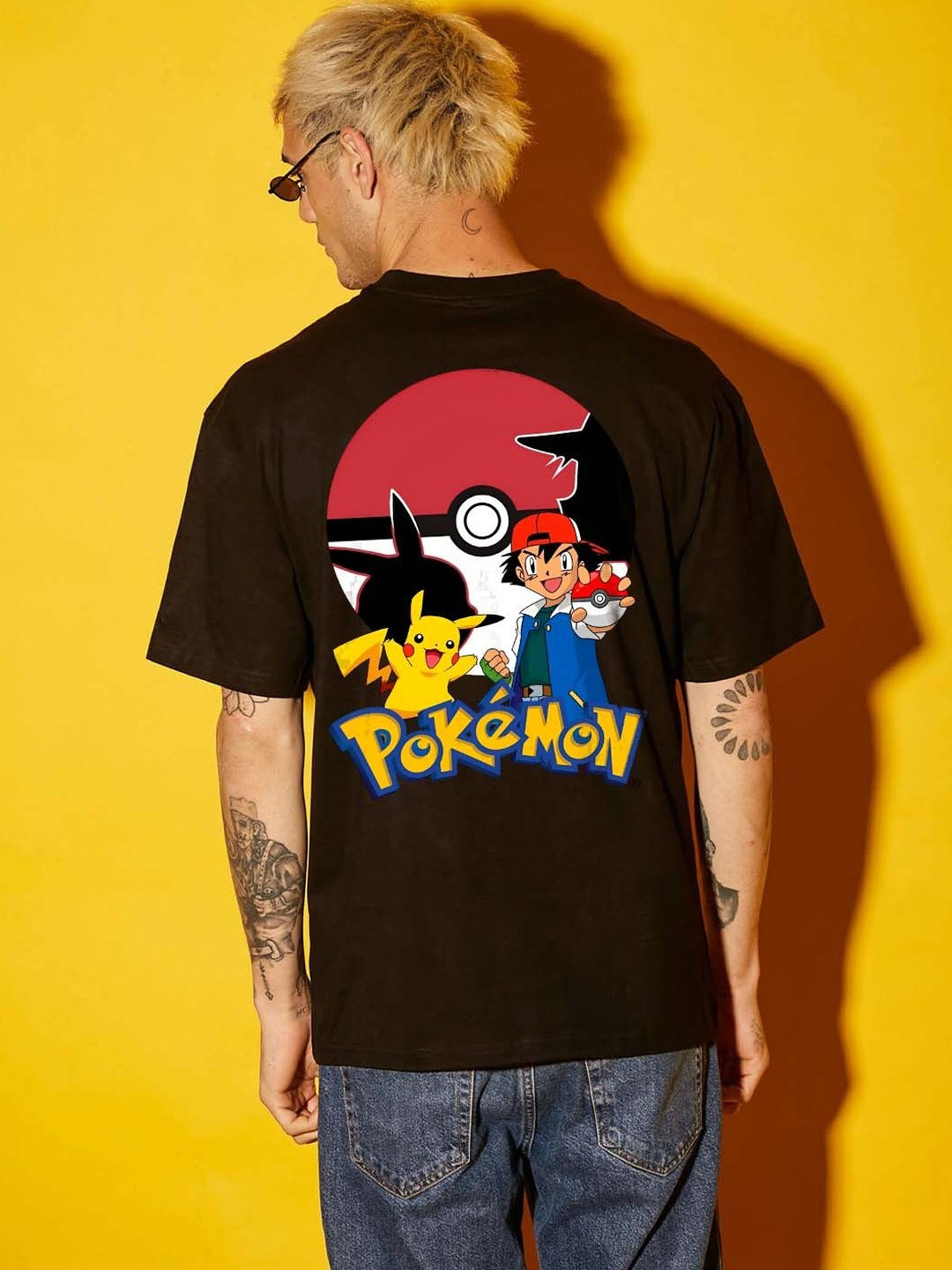 BDSQUARE Men Pokemon Graphic Printed Round Neck Cotton Relaxed Fit T-shirt