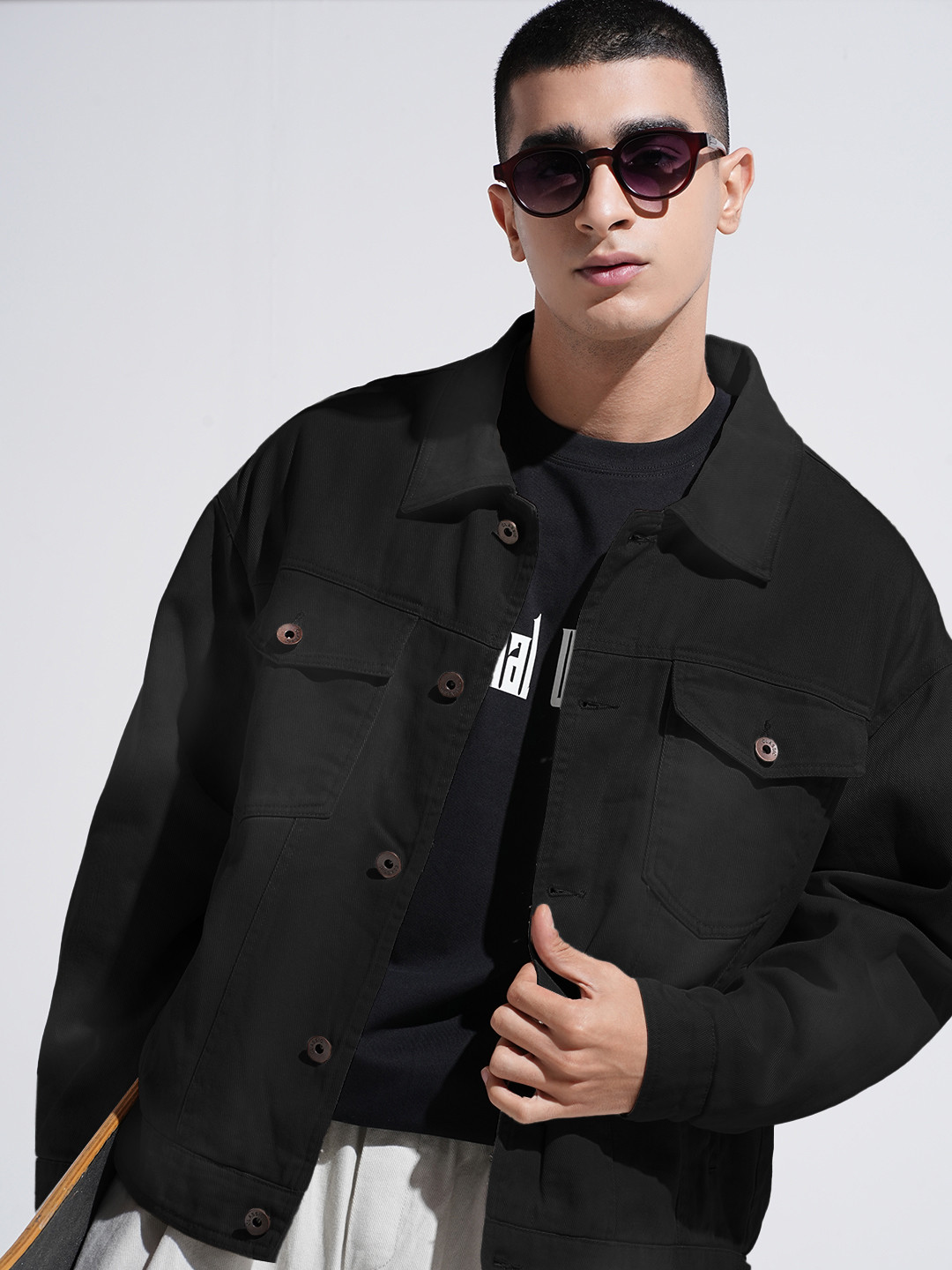 SHOWOFF Men Black Spread Collar Long Sleeves Cotton Denim Jacket