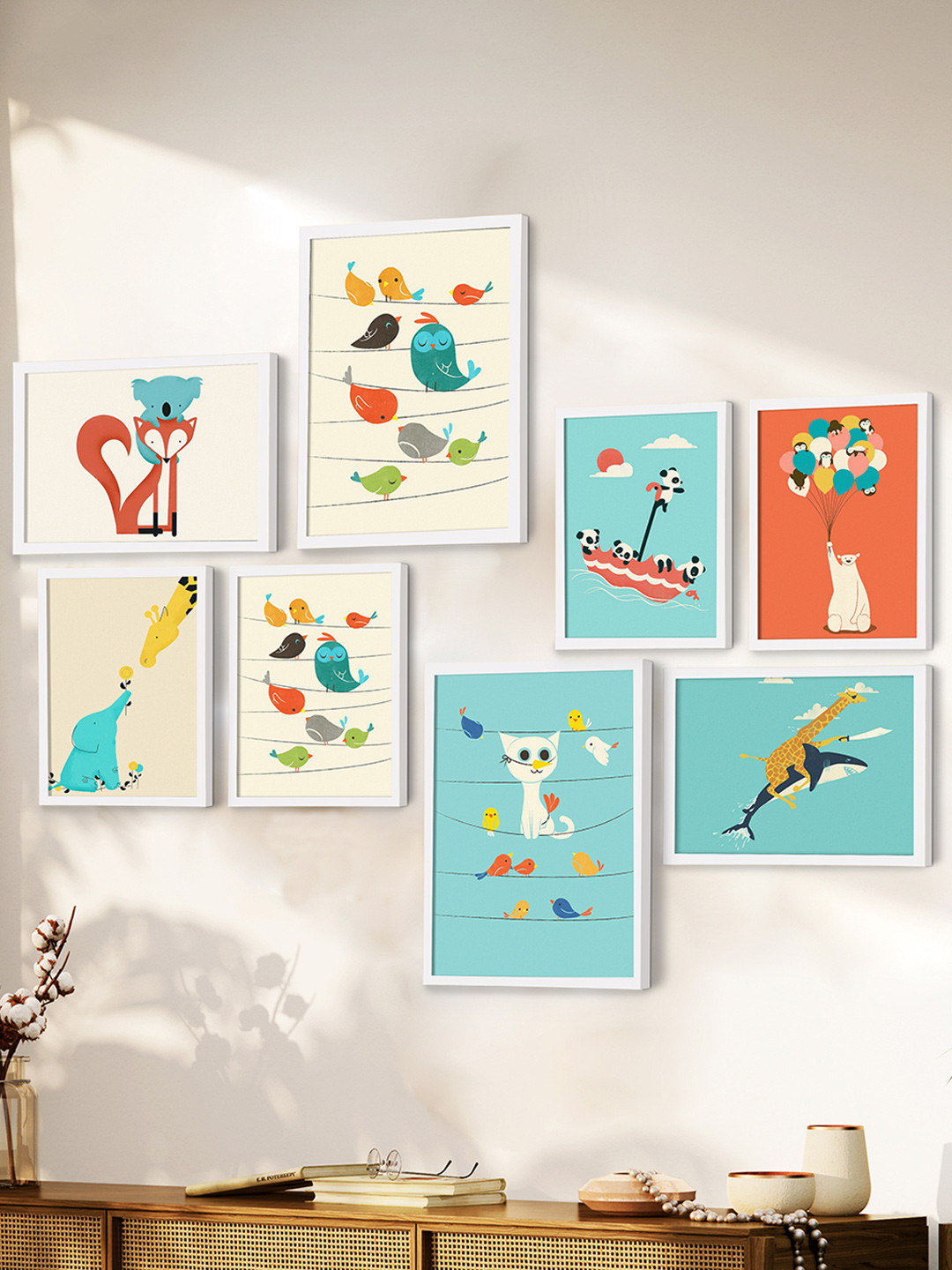 Art Street Set Of 8 White & Orange Framed Art Print Wall Art