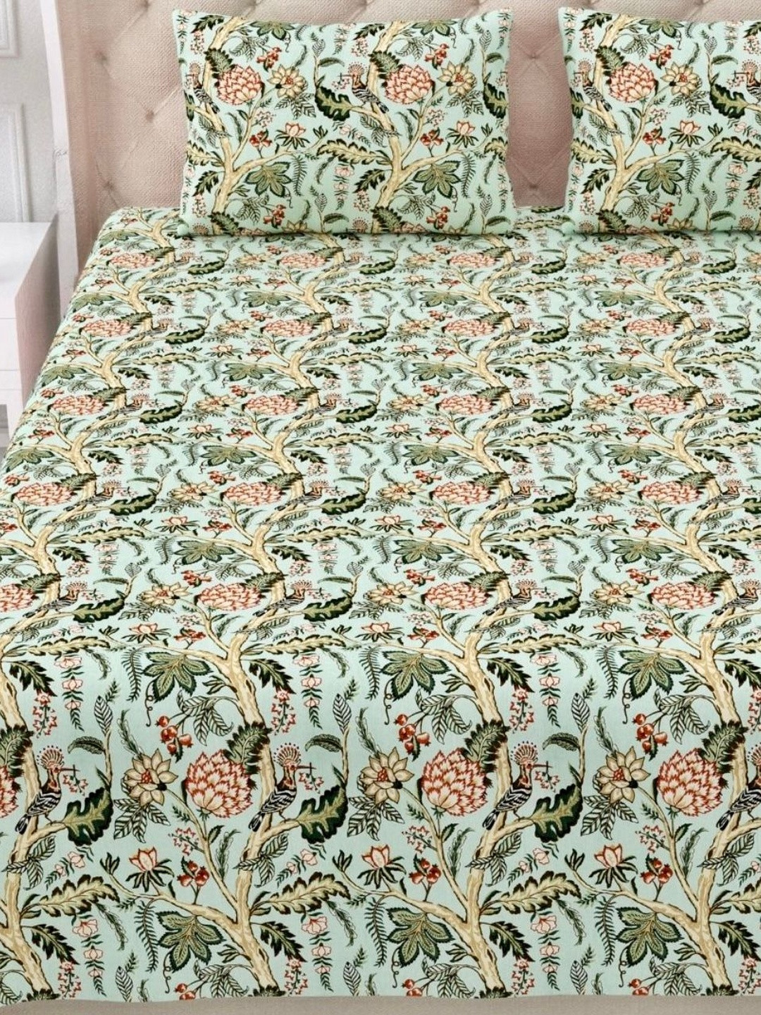 Wee Hours Green & Brown Motifs Printed Cotton 300 TC Flat Double Bedsheet - 2.42m x 2.75m
