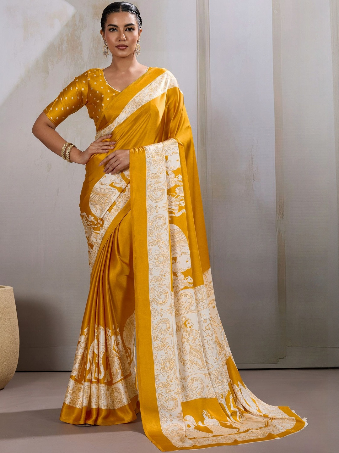 sareyavella Women Ethnic Motifs Printed Pure Crepe Phulkari Bagru Saree with Blouse Piece