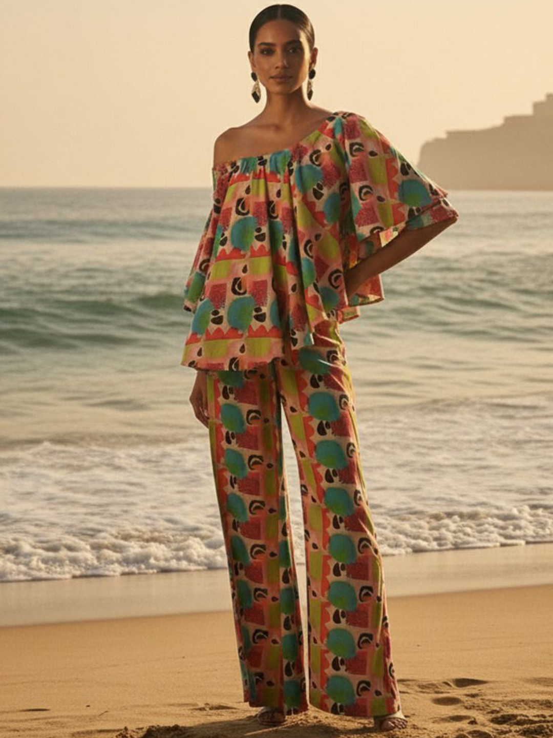 Loomfresh Noorain Printed Off-Shoulder Neck Organic Cotton Tunic With Trouser