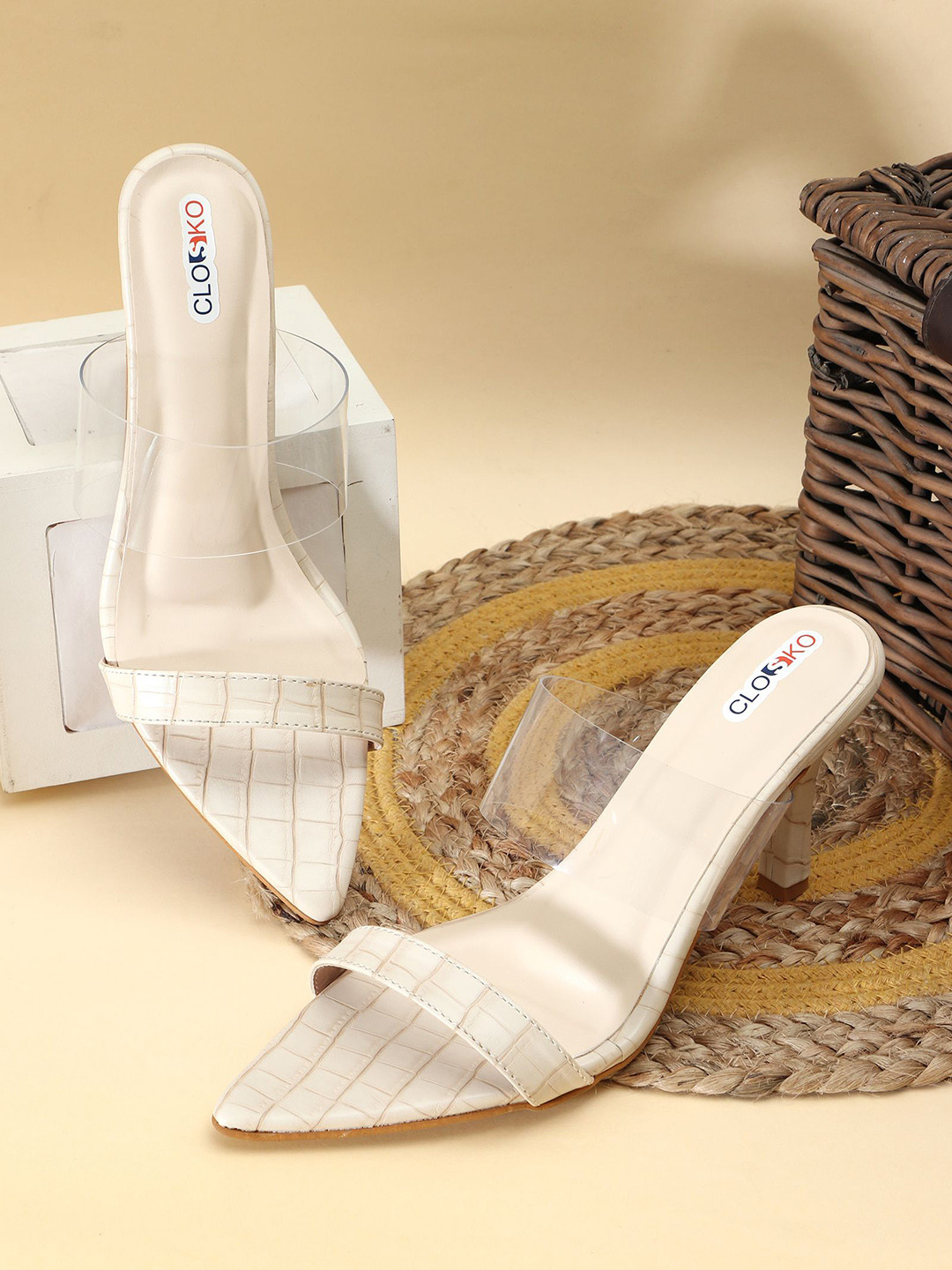 CLOSKO Textured Slim Open Back Heeled Sandals