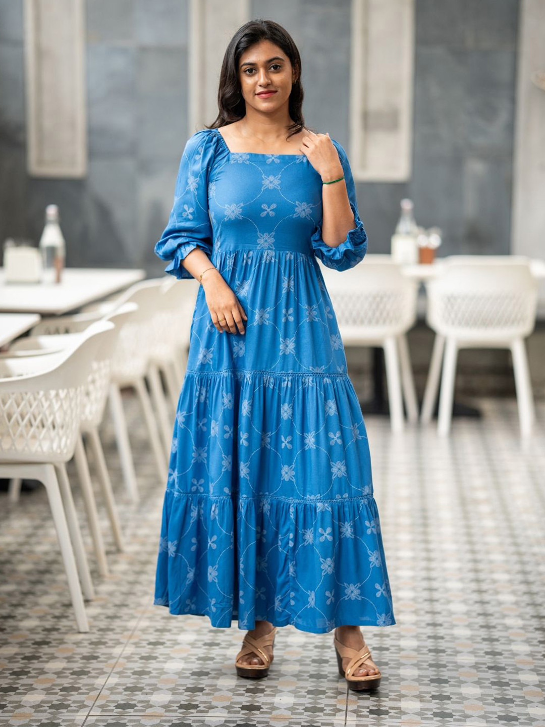HAY Women Floral Printed Square Neck Tiered Fit and Flare Maxi Dress