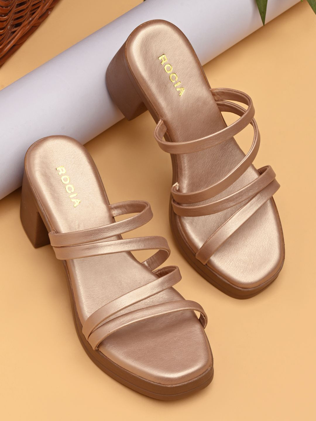 Rocia Women Solid Metalic Block Heel Sandals