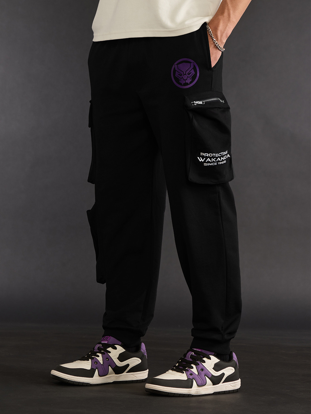 The Souled Store Men Black Relaxed Travel Black Panther Printed Cargos Trousers