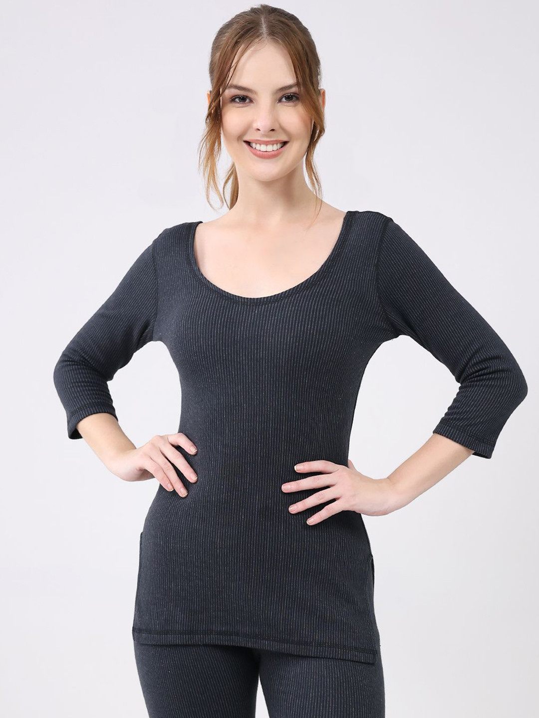Monte Carlo Women Ribbed Round Neck 3/4 Sleeve Thermal Top