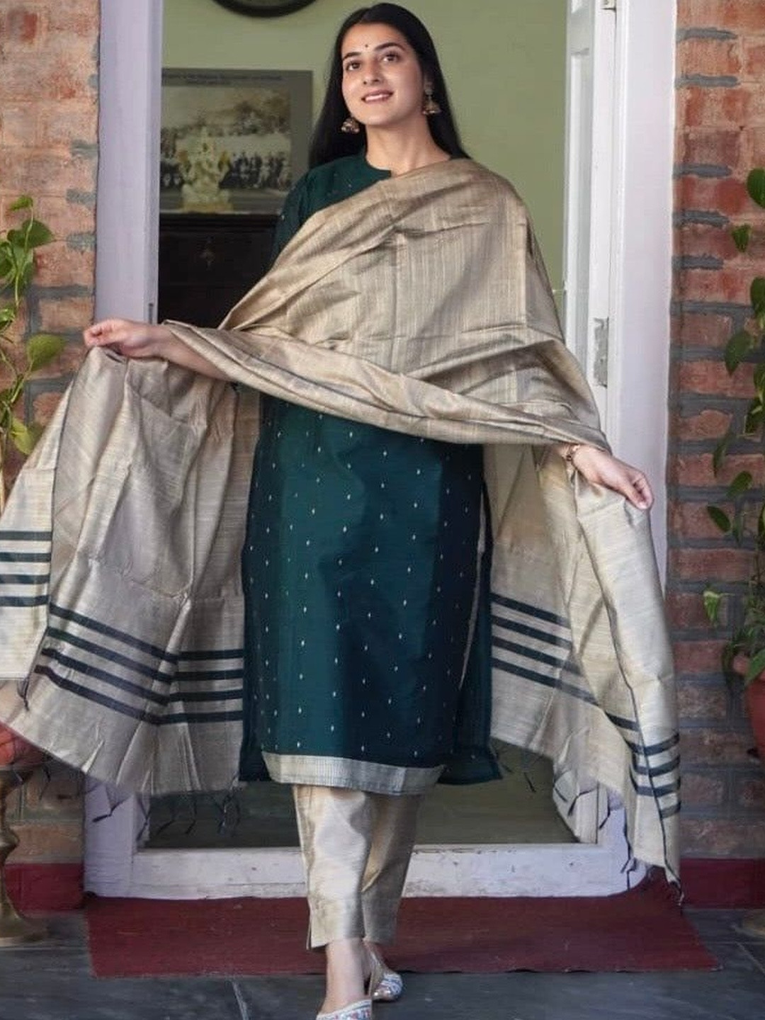 Geetha Creation Ethnic Motifs Self Design Cotton Silk Kurta With Trouser & Dupatta