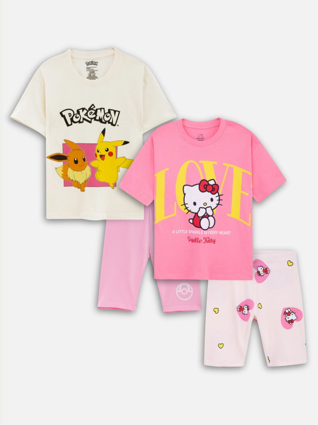 Nap Chief Girls Pack Of 2 Pikachu and Hello Kitty Printed Pure Cotton T-shirt With Shorts