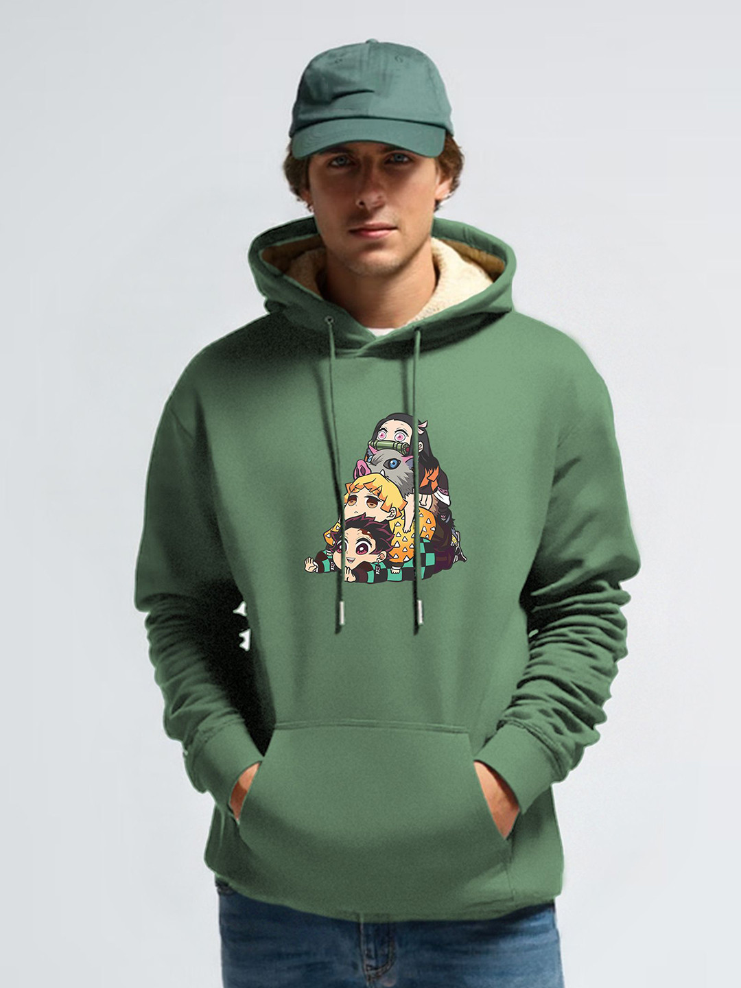 TOGS & TERRE Men Demon Slayer Anime Printed Fur Hooded Sweatshirt