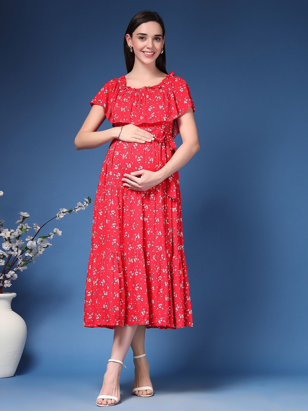 House Of Zelena Floral Print Cape Sleeve Maternity Tiered Cotton A-Line Midi Dress