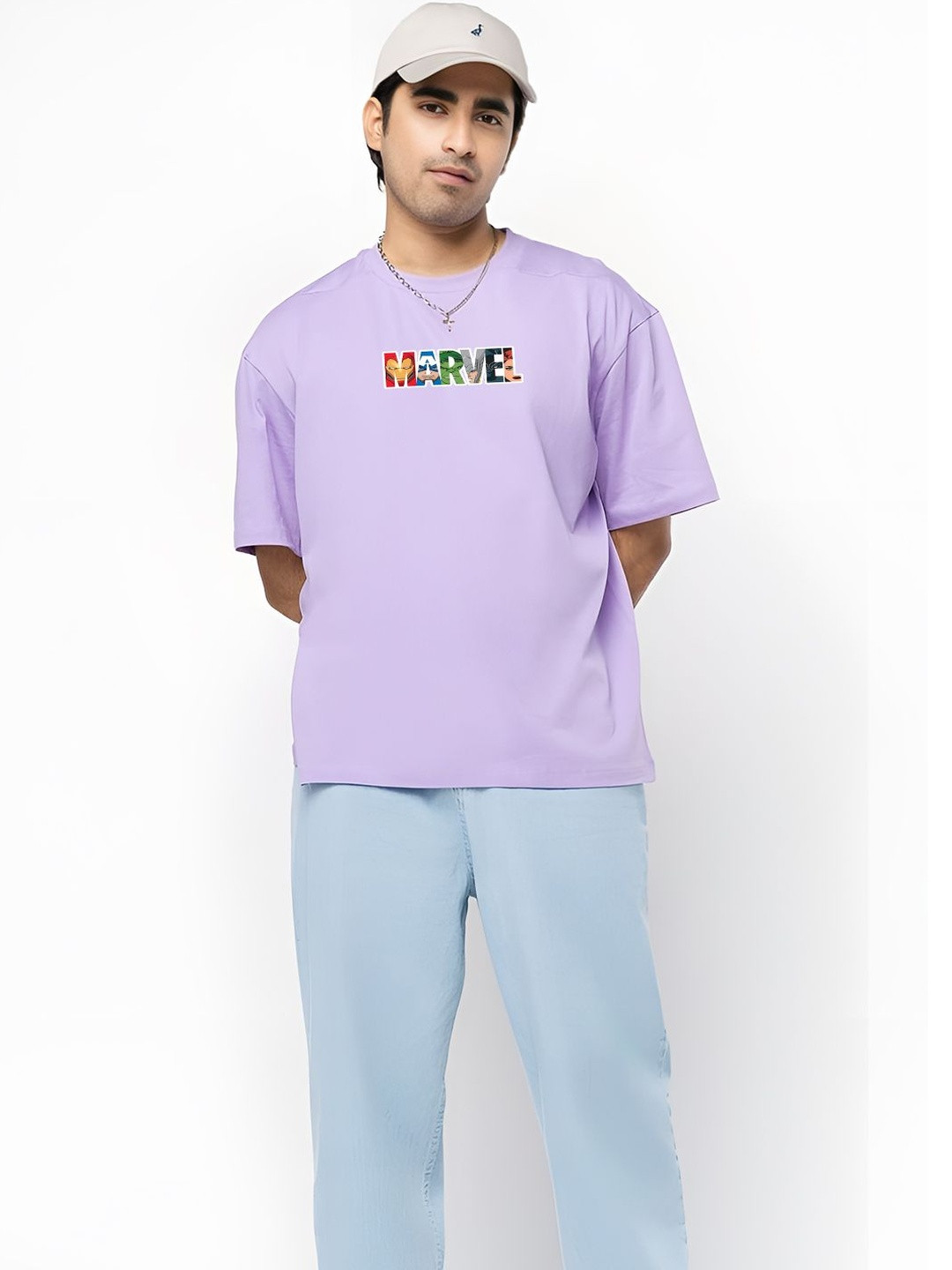 BDSQUARE Men Marvel Brand Logo Printed Round Neck Cotton Relaxed Fit T-shirt