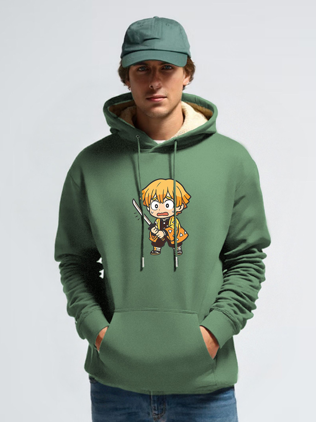 TOGS & TERRE Men Demon Slayer Anime Printed Fur Hooded Sweatshirt