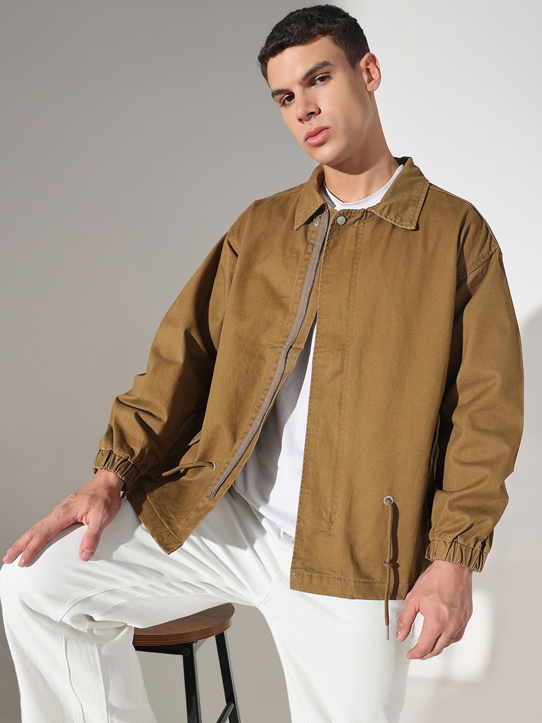 SHOWOFF Men Solid Khaki Denim Jacket