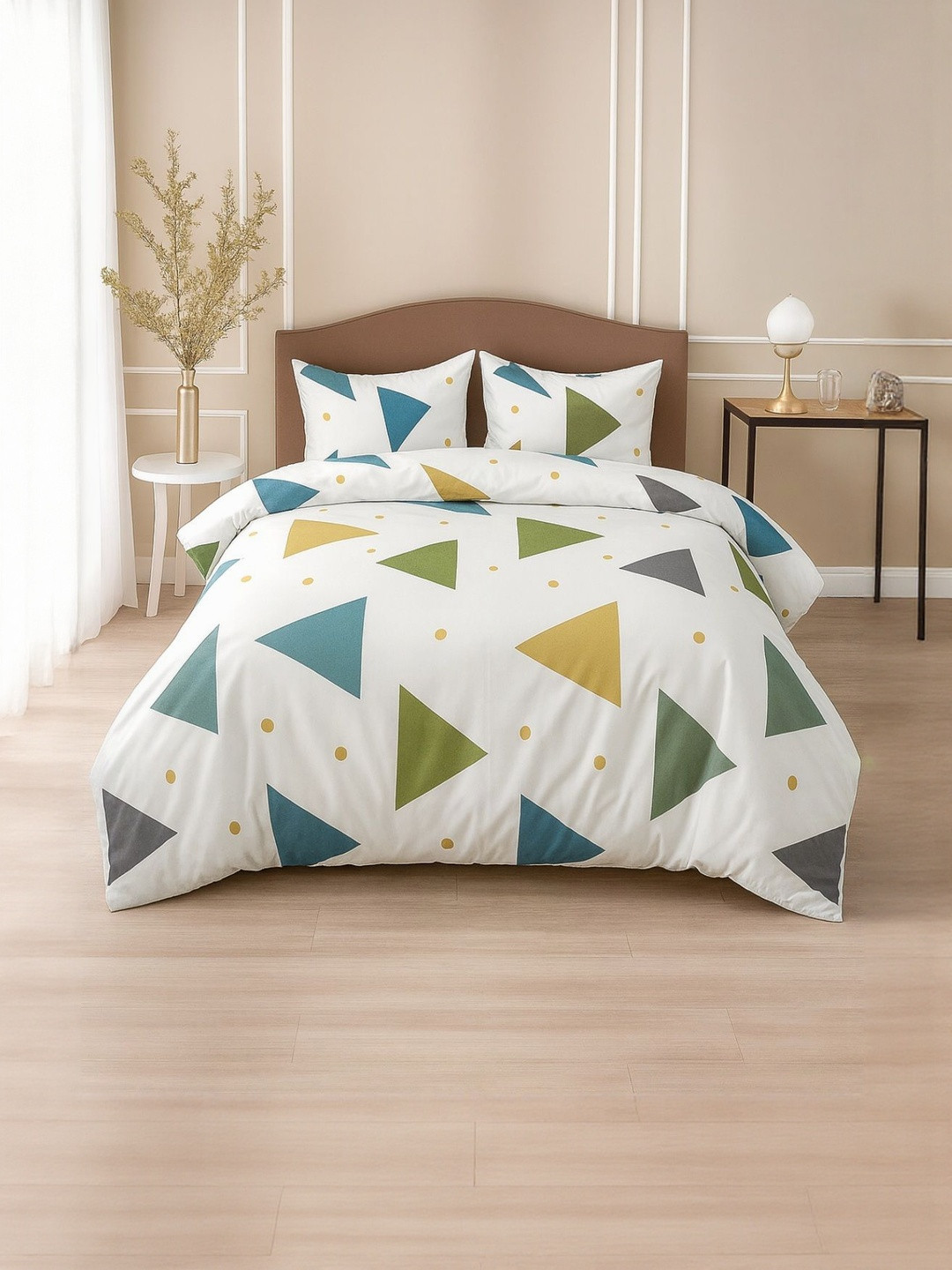 INDHOME LIFE Yellow & White Geometric Cotton 210TC Double King Bedsheet Set-2.74mx2.74m