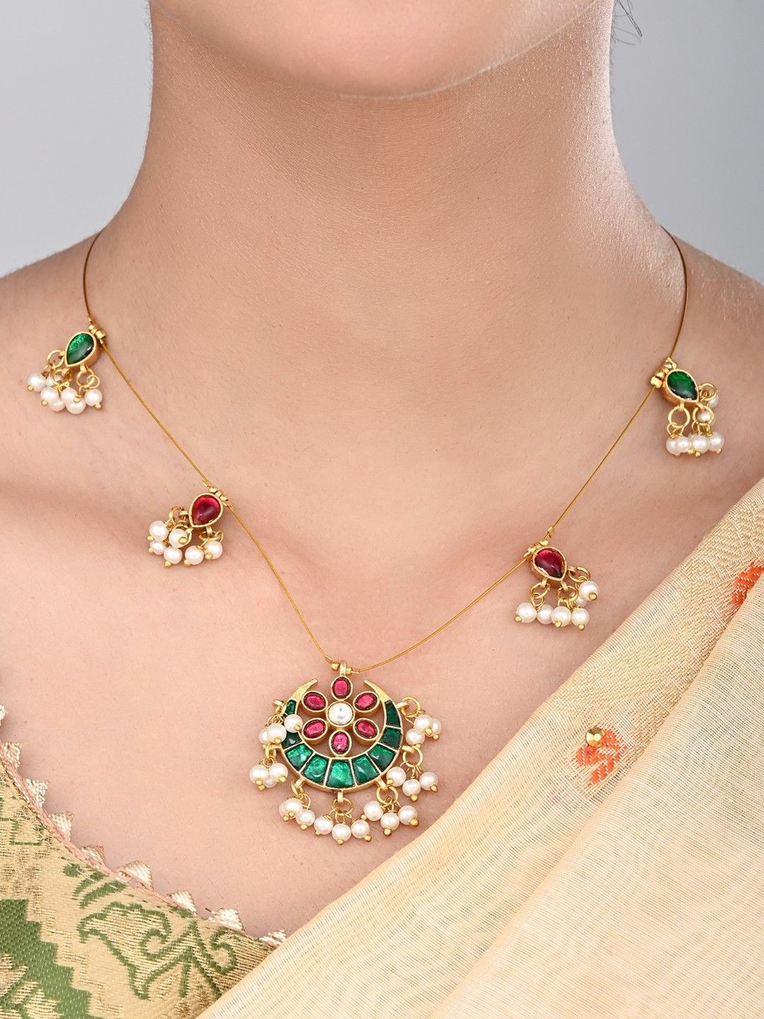 Anvik Gold-Plated Artificial Stones Studded And Beaded Antique Statement Necklace