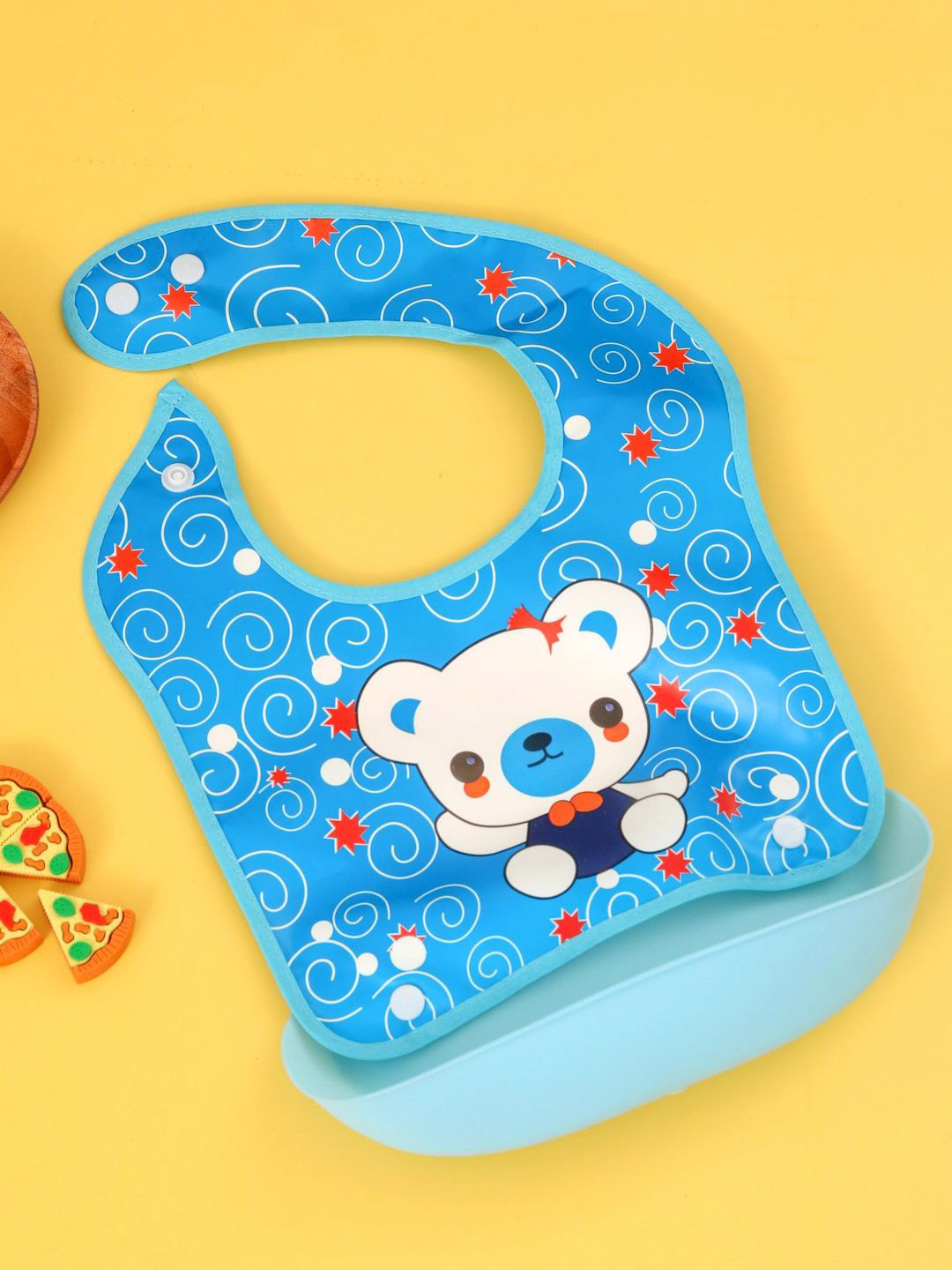 Yellow Bee Boys Bear Print Feeding Bib With Food Catcher Tray