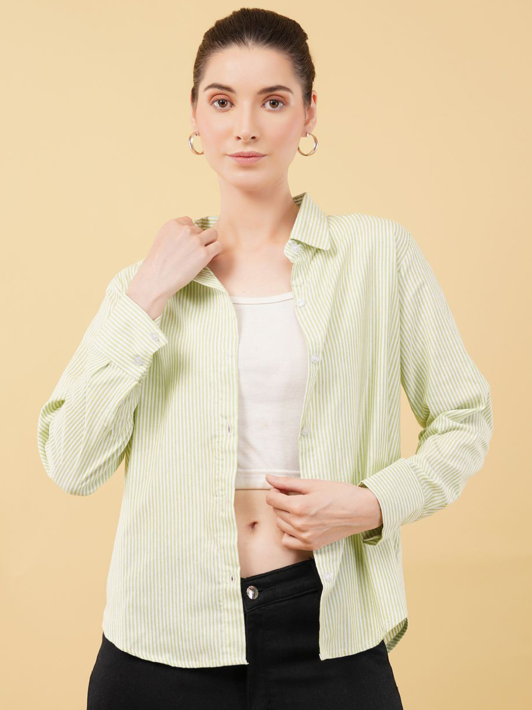 Swaggish Women Regular New Fit Vertical Striped Cotton Casual Shirt