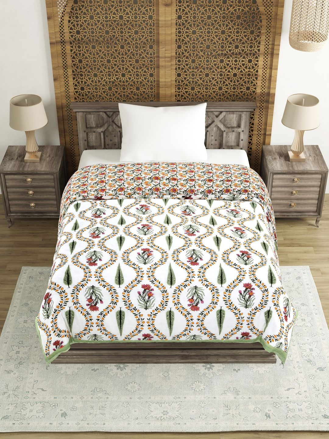 BLOCKS OF INDIA Green & White Floral Printed Pure Cotton AC Room 350 GSM Double Bed Quilt