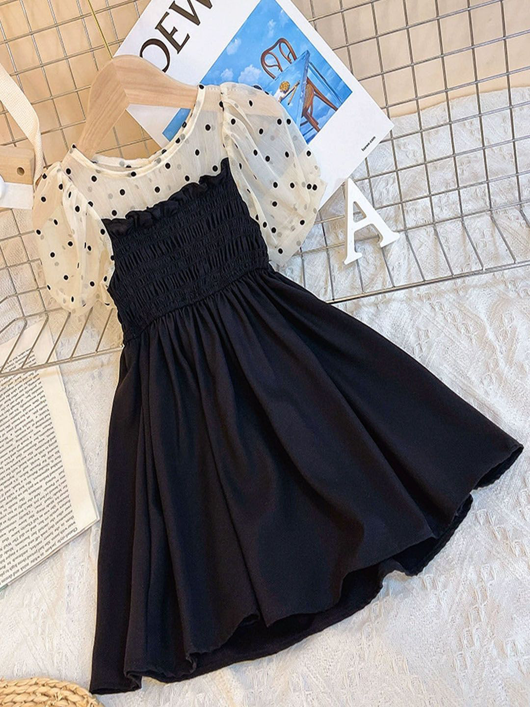 Xsole Girls Polka Dot Round Neck Smocked A-Line Midi Dress