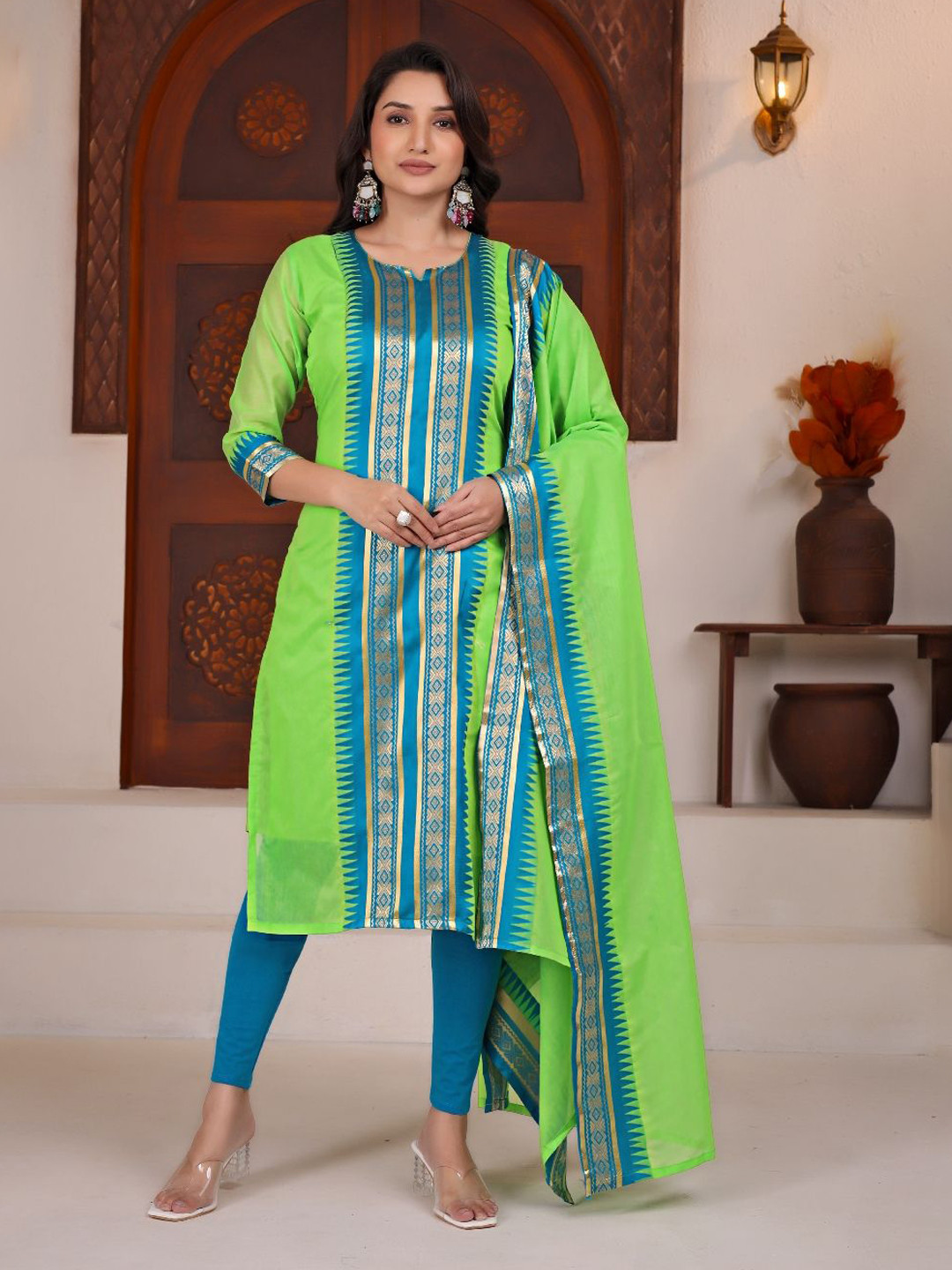 Vastukala Women Geometric Solid Festive Cotton Straight Kurta With Dupatta