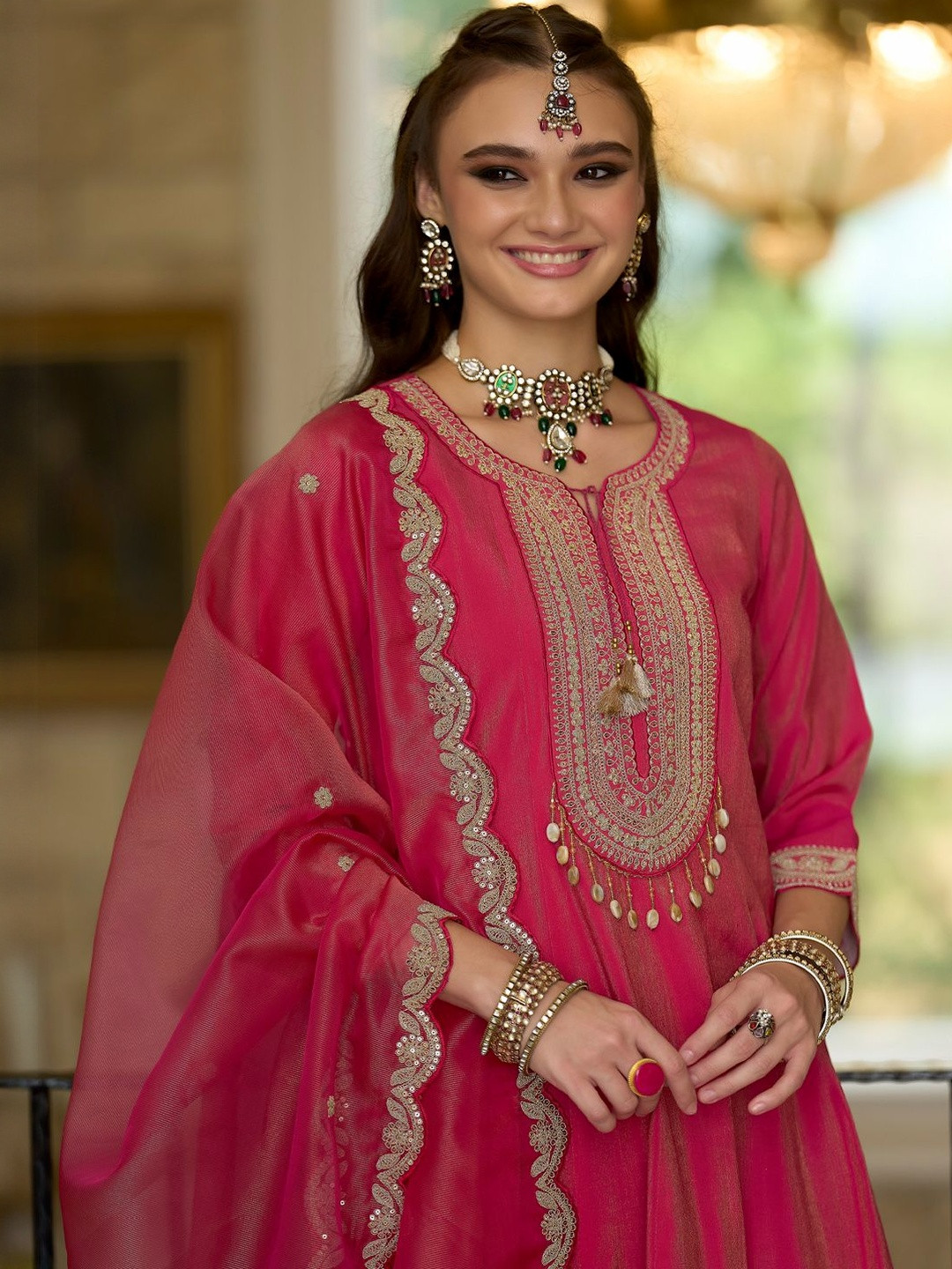 Indo Era Ethnic Motifs Embroidered Notch Neck A-line Kurta With Trousers & Dupatta