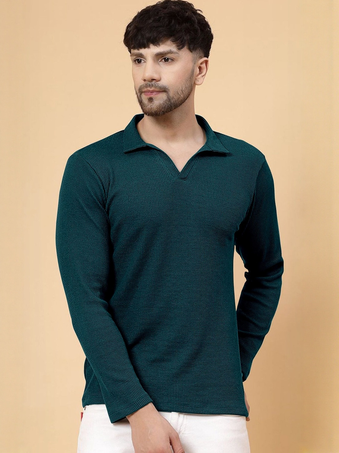 HAPPY KHAJANA Men Solid Polo Collar Neck Long Sleeve T-shirt