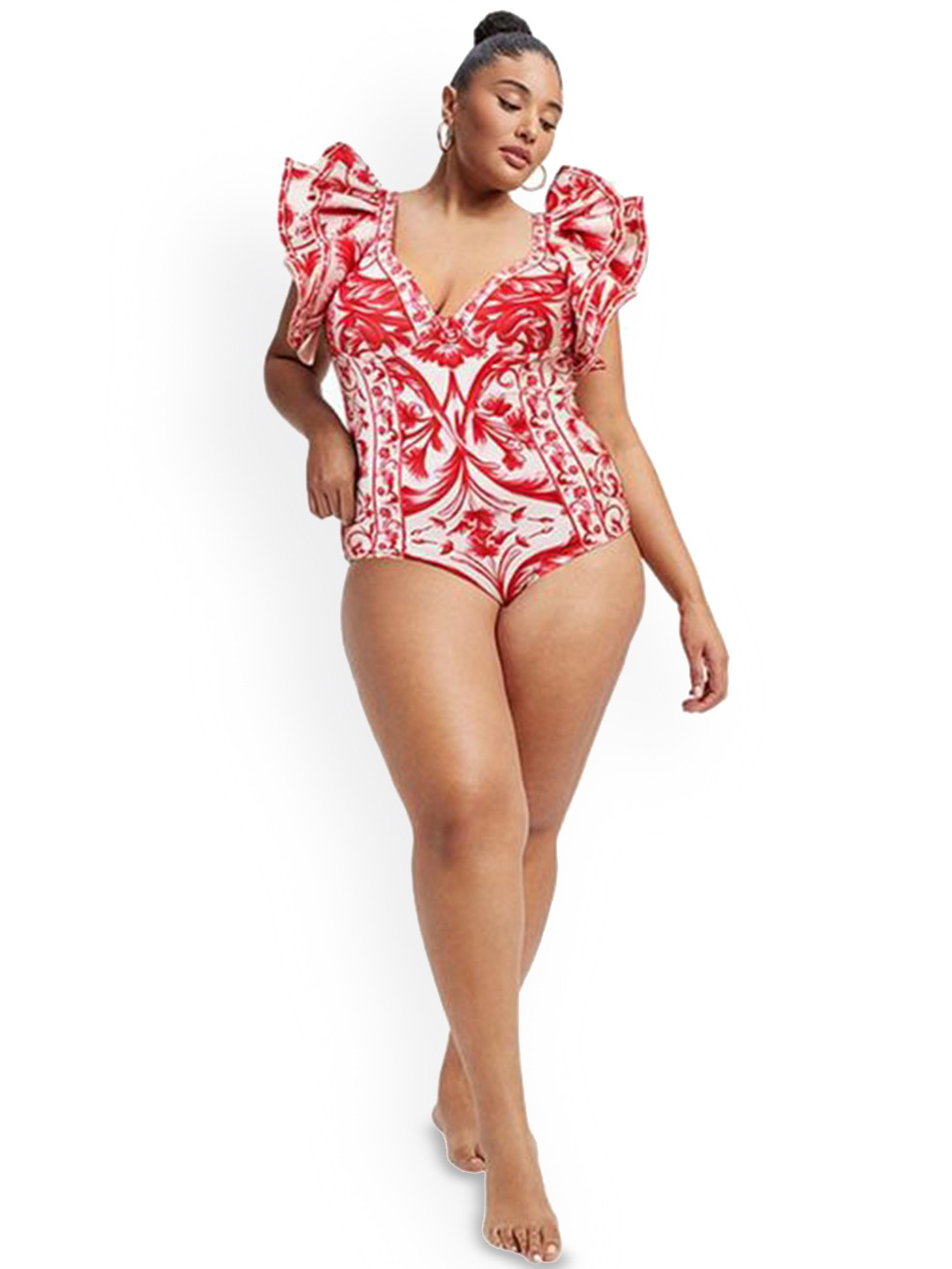 Addery Baroque Printed Ruffle Sleeves Swim Cover Up Set