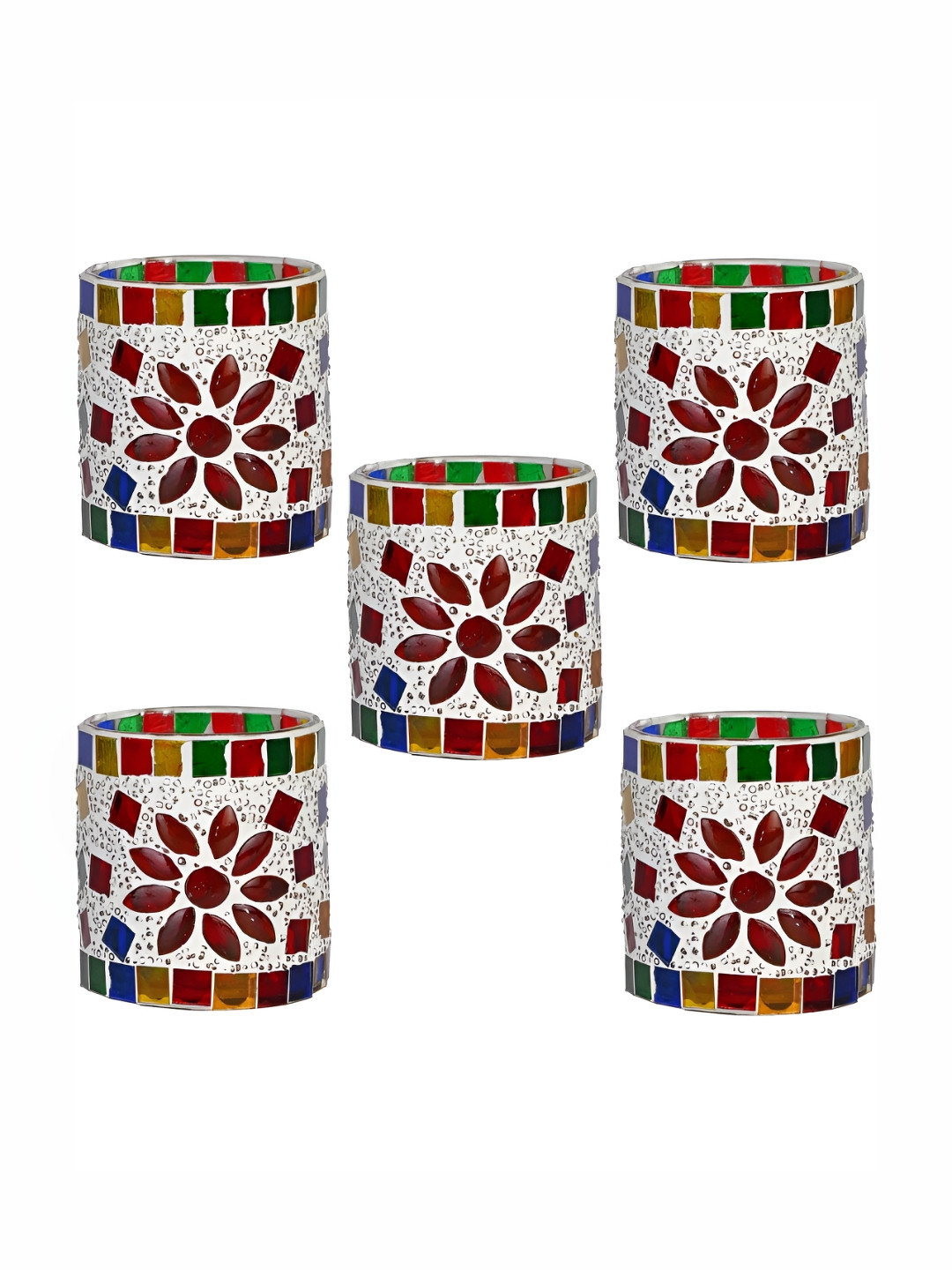 1ST TIME White & Red 5 Pieces Cylindrical Shaped Candle Holders
