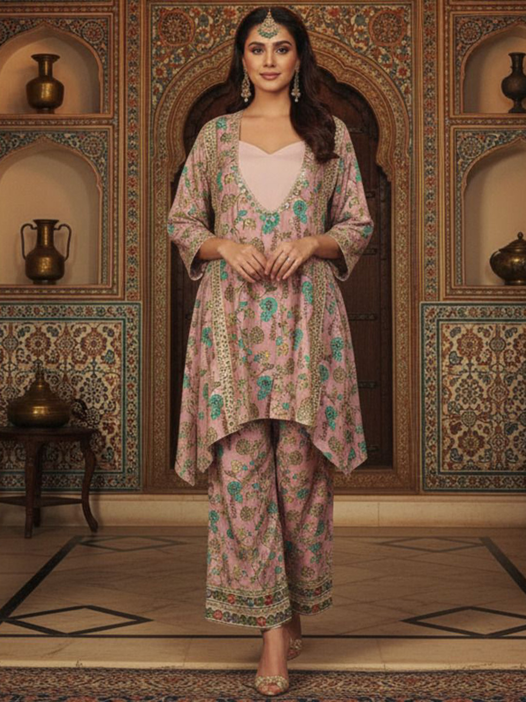 Loomfresh Zehra Blush Floral Printed V-Neck Tunic & Trouser & Inner Top