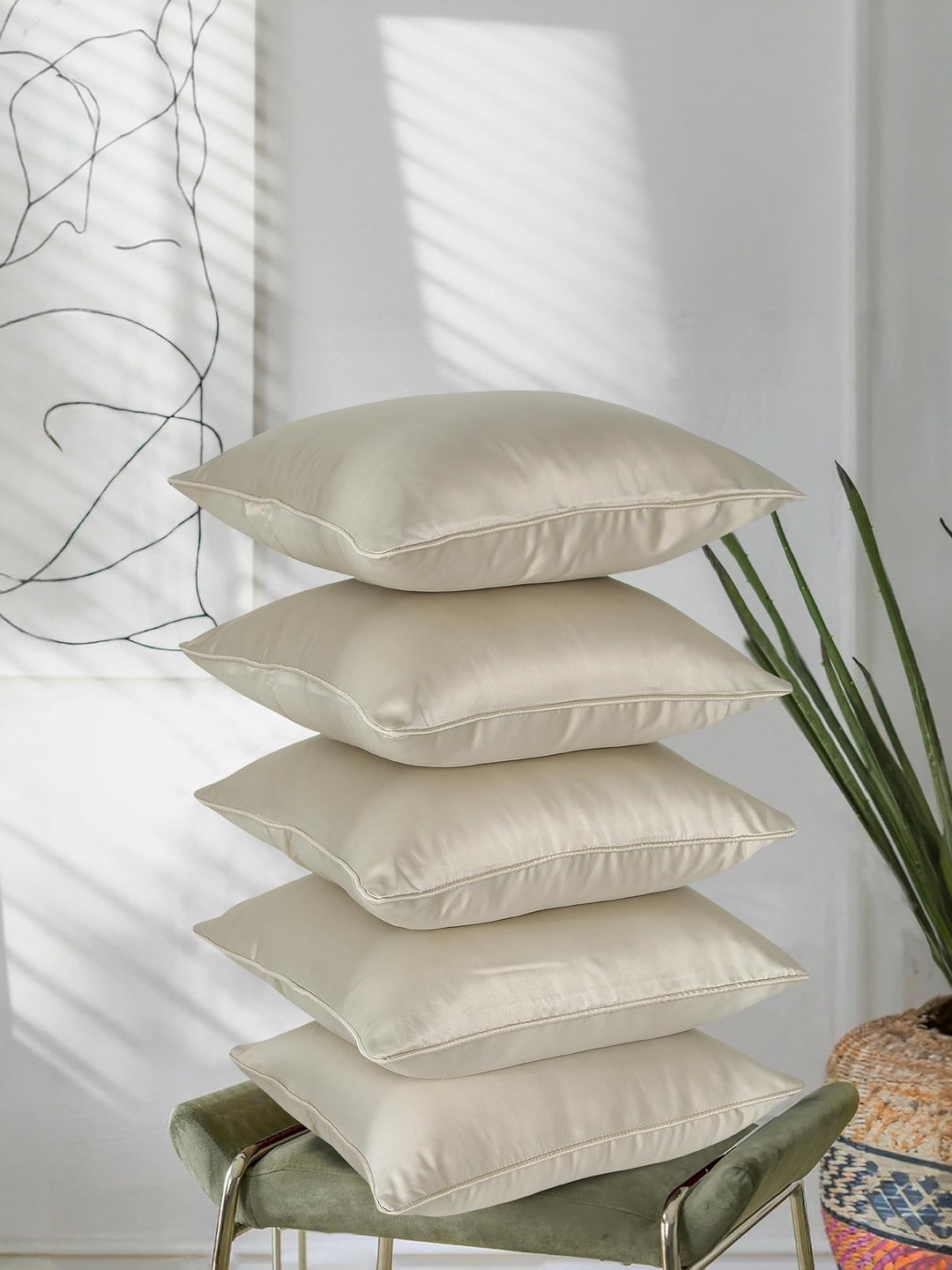 RD TREND Tan  5 Pieces Square Satin Cushion Covers