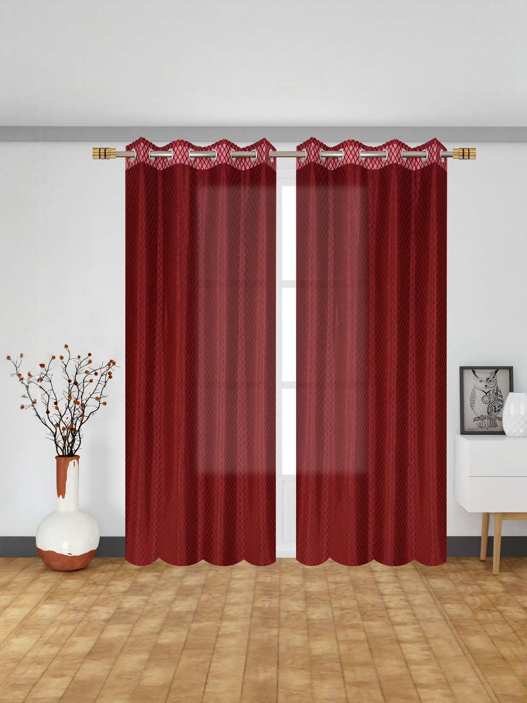 GEET CREATIONS Maroon Geometric Fade Resistant Sheer Long Door Curtain