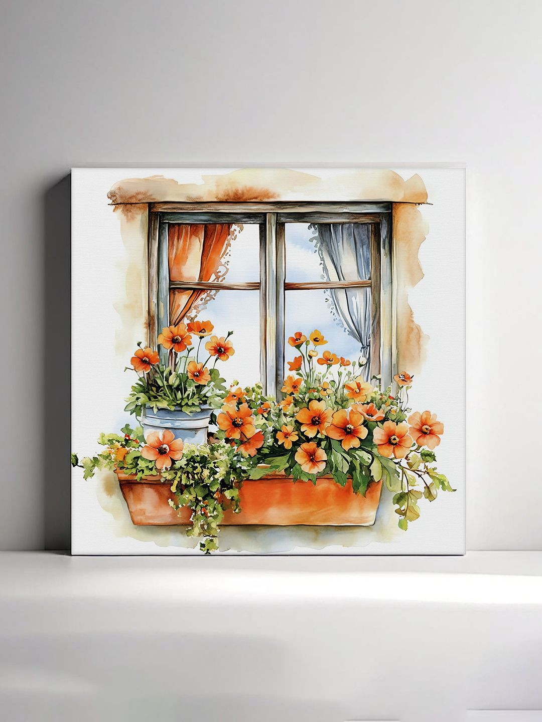 RANDOM White & Orange Window With Flower Boxes Canvas Wall Art